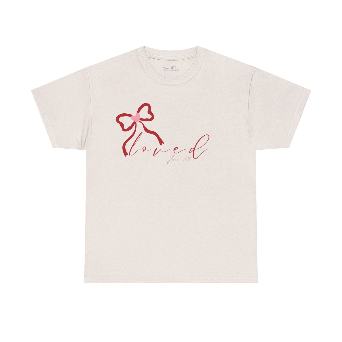 Loved Script Tee with Ribbon Heart — Women's Casual Faith & Self-Love T-Shirt