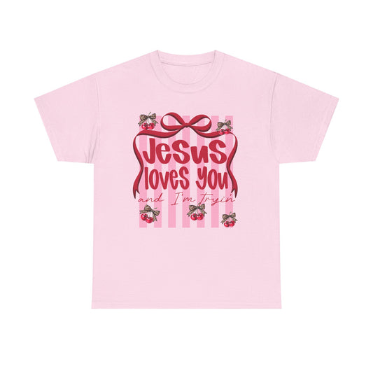 Jesus Loves You T-Shirt — Pink Stripes, Ribbon & Floral Christian Tee