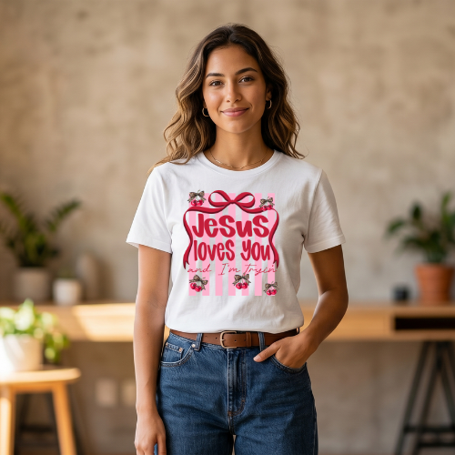 Jesus Loves You T-Shirt — Pink Stripes, Ribbon & Floral Christian Tee