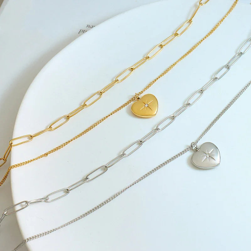 18K Gold Exquisite Dazzling Double-Layered Love Heart & Star Pendant Necklace - Camili Bel Creations Gift Shop