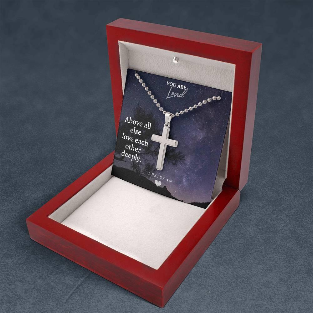 Faith Cross Necklace in open red wood box with scripture card. Inspirational Christian accessory from Camili'Bel for meaningful occasions.