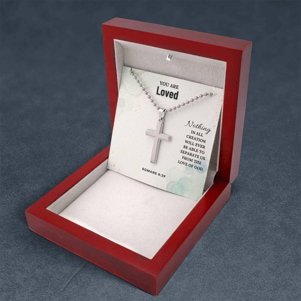 Open red wood box displaying Romans 8:39 Faith Cross Necklace with message card. Perfect religious gift for expressing God's eternal love.