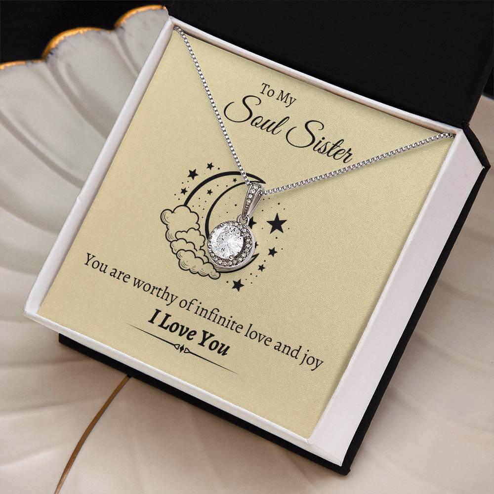Dazzling Eternal Hope Necklace for Soul Sisters in gift box with moon and stars design, featuring 8mm CZ crystal pendant in white gold finish.