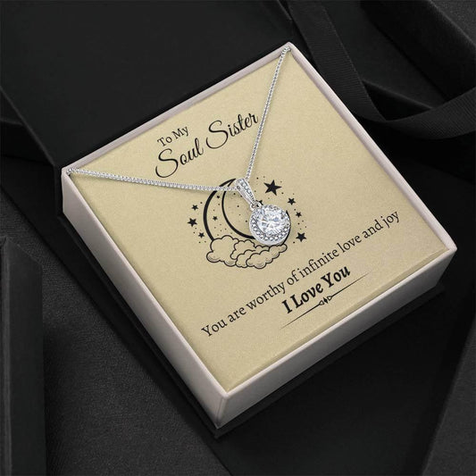 14K white gold Eternal Hope Necklace for Soul Sisters displayed in a soft-touch gift box with heartfelt message and cushion-cut CZ pendant.