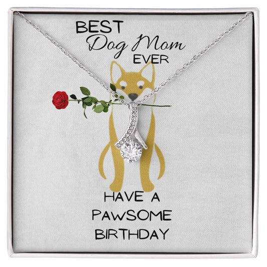 Alluring Beauty Dog Mom Necklace in 14K white gold with CZ pendant, displayed on birthday card with dog and rose design.