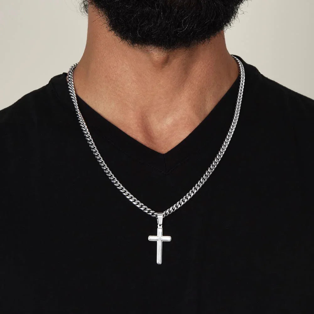 Man wearing To My Son Cuban link cross necklace - lifestyle photo