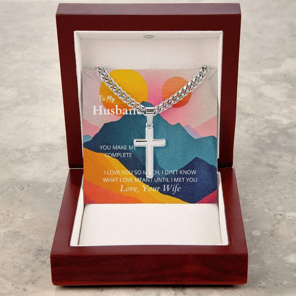 High-polished stainless steel cross necklace on Cuban chain in premium gift box with message card, romantic and faith-inspired jewelry for men.