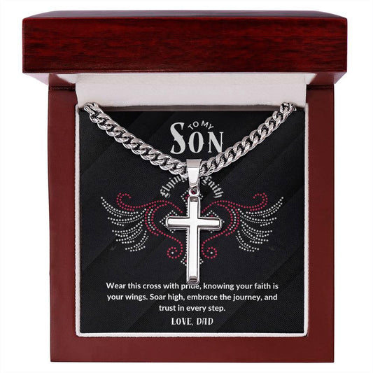 To My Son cross necklace in mahogany LED gift box - front view