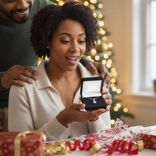 Woman opening jewelry gift box with necklace - holiday gift ideas for Christmas