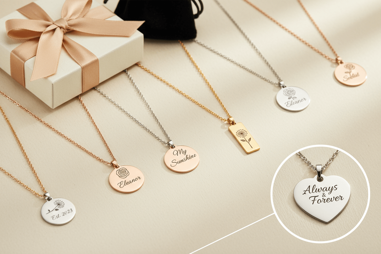 Personalized engraved necklaces with names and birth flowers in silver, gold, and rose gold with gift-ready packaging