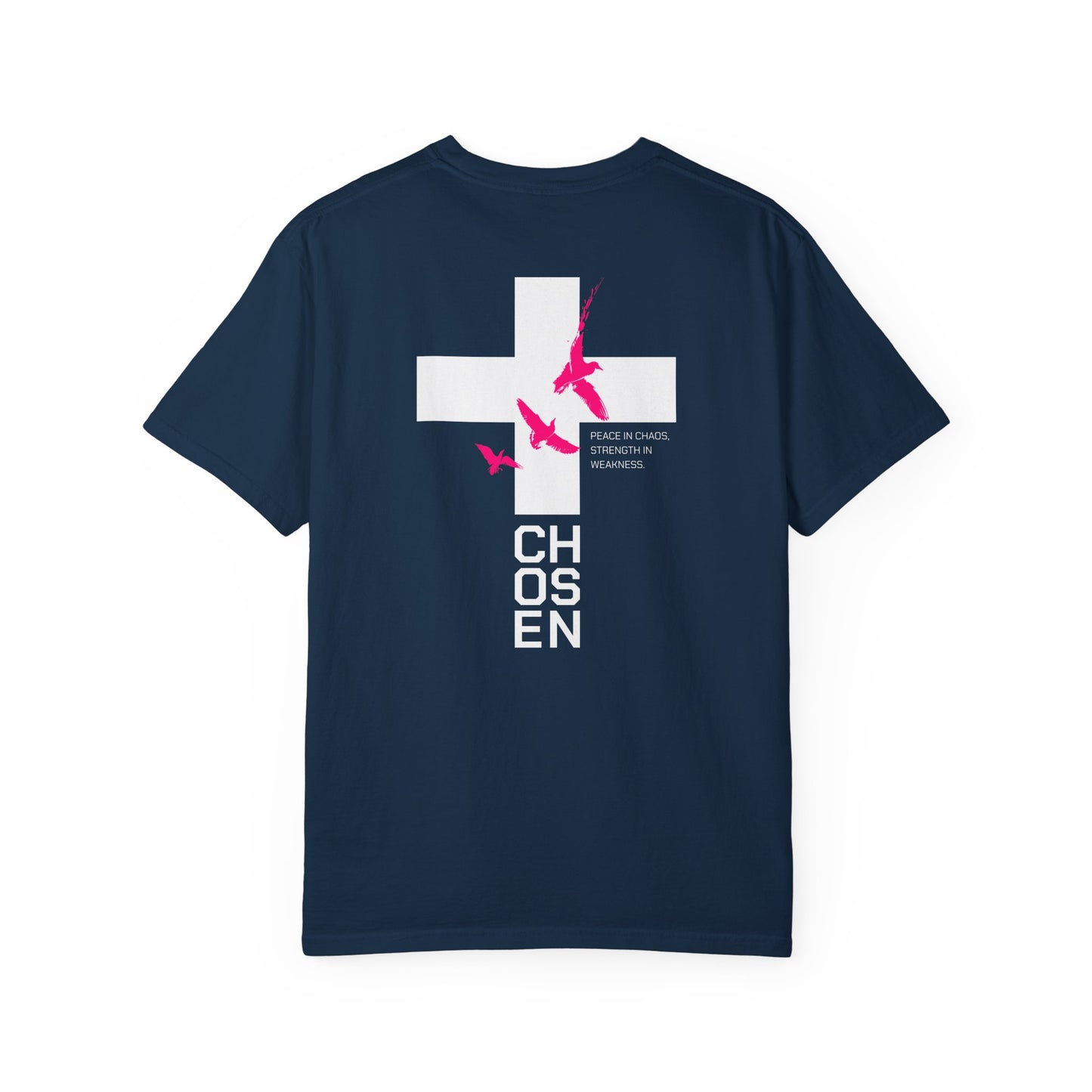 White T-Shirt with Pink Flying Birds Back Print – Minimalist Nature Tee