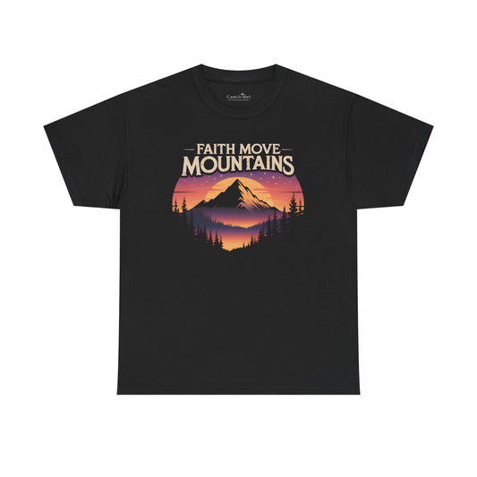 Faith Moves Mountains Tee — Vintage Mountain Sunset Christian T-Shirt
