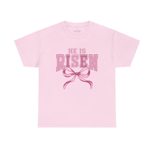 He Is Risen Women's Christian T-Shirt — Coquette Bow Graphic Tee