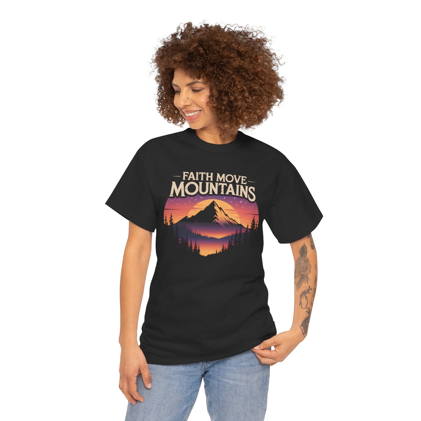 Faith Moves Mountains Tee — Vintage Mountain Sunset Christian T-Shirt