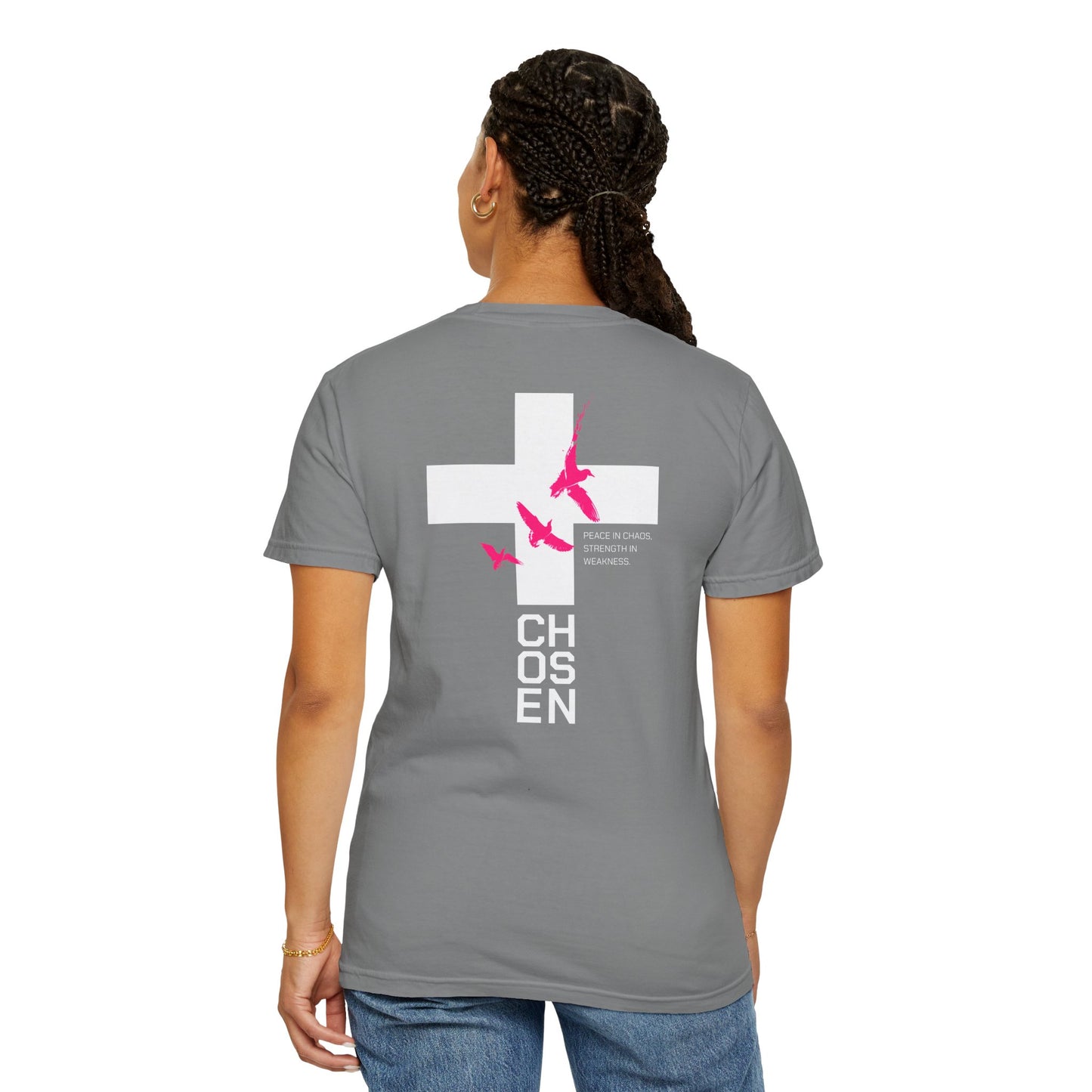 White T-Shirt with Pink Flying Birds Back Print – Minimalist Nature Tee