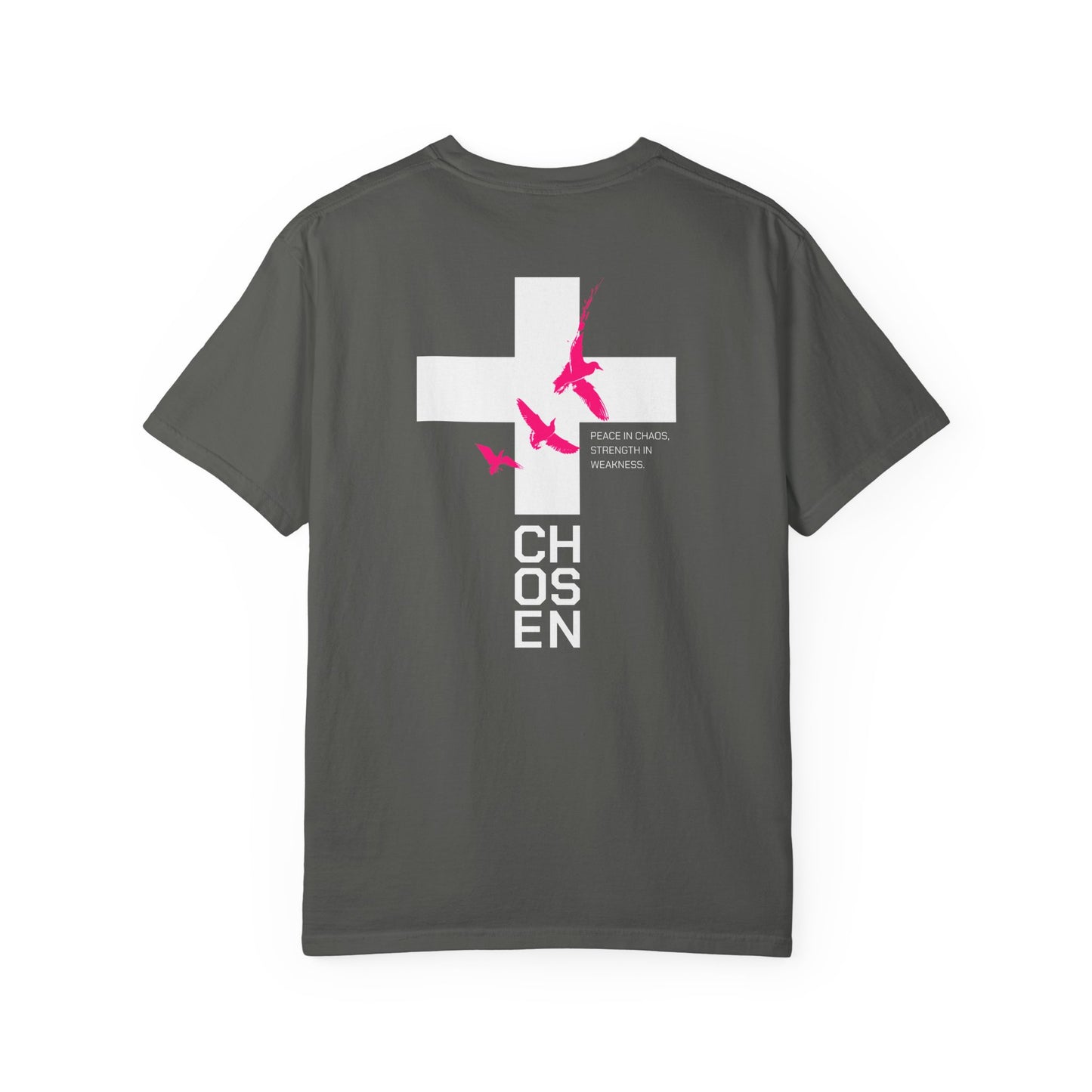 White T-Shirt with Pink Flying Birds Back Print – Minimalist Nature Tee