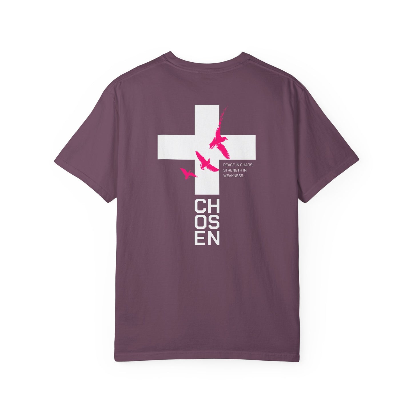 White T-Shirt with Pink Flying Birds Back Print – Minimalist Nature Tee