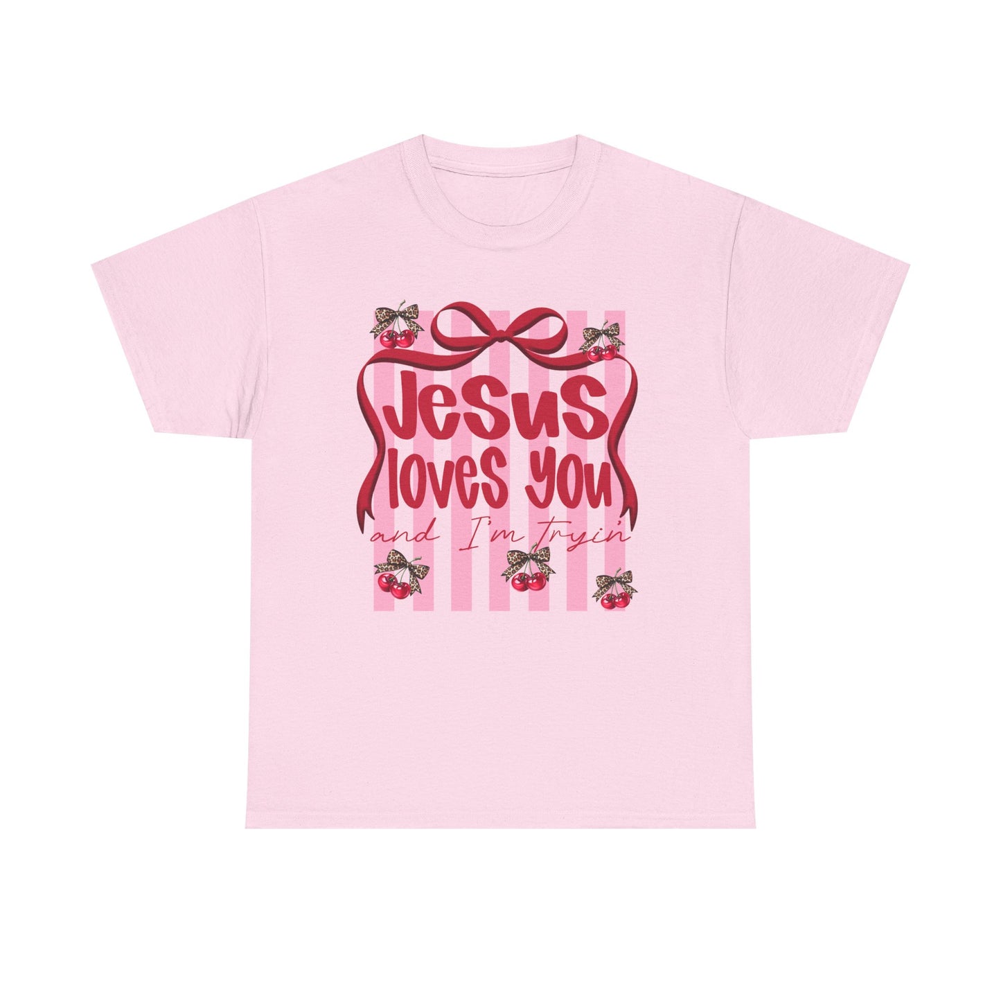 Jesus Loves You T-Shirt — Pink Stripes, Ribbon & Floral Christian Tee