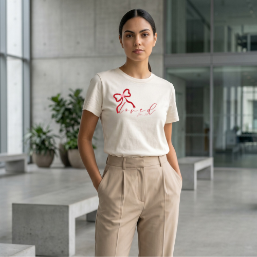 Loved Script Tee with Ribbon Heart — Women's Casual Faith & Self-Love T-Shirt