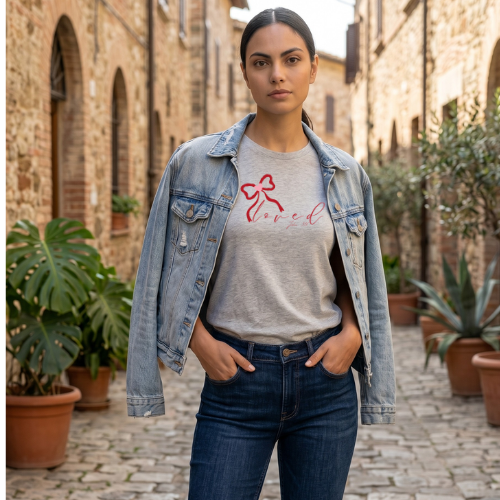 Loved Script Tee with Ribbon Heart — Women's Casual Faith & Self-Love T-Shirt