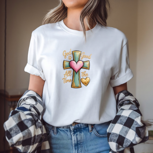 Christian Cross Tee — "God Is Good All The Time" Heart Design