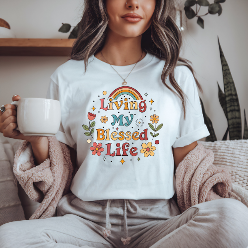 Living My Blessed Life Tee — Retro Floral Rainbow Inspirational T‑Shirt