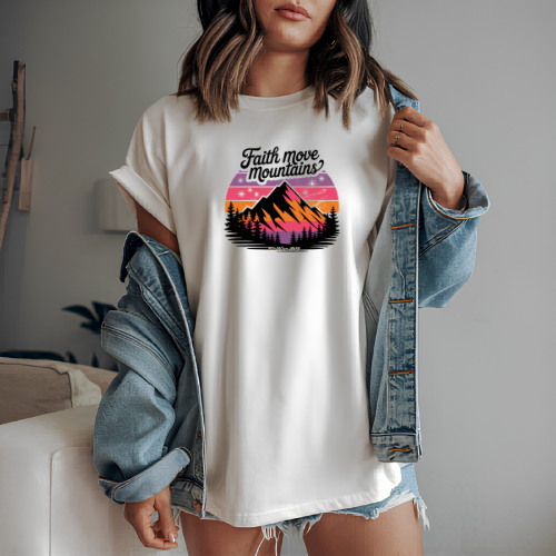 Faith Moves Mountains T-Shirt — Inspirational Mountain Sunset Graphic Tee