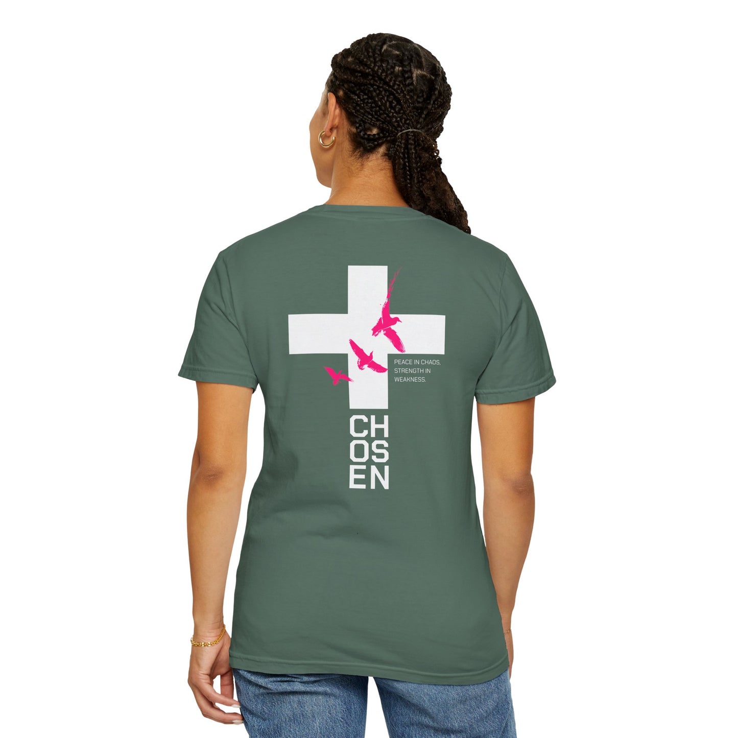 White T-Shirt with Pink Flying Birds Back Print – Minimalist Nature Tee