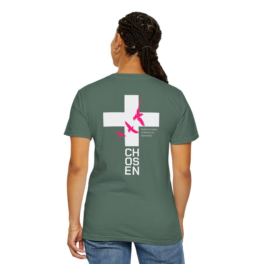 White T-Shirt with Pink Flying Birds Back Print – Minimalist Nature Tee