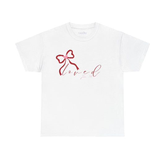 Loved Script Tee with Ribbon Heart — Women's Casual Faith & Self-Love T-Shirt