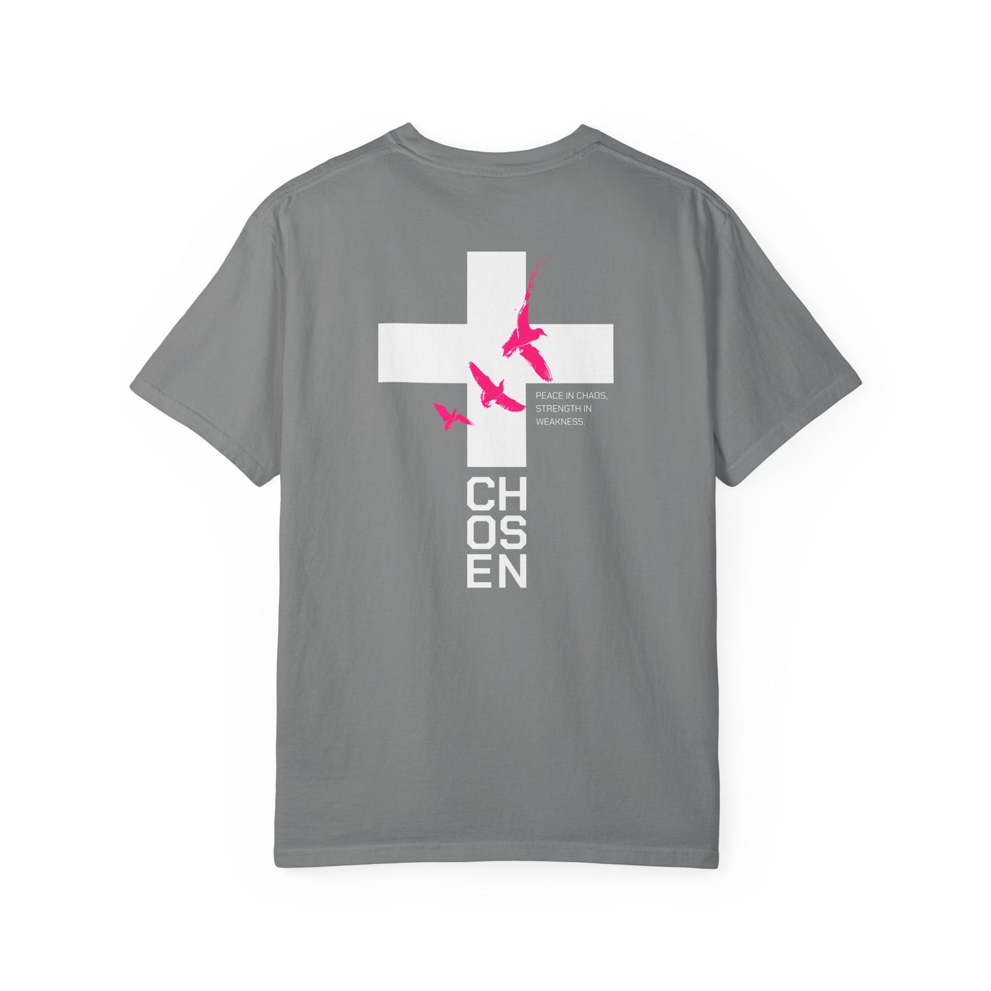 White T-Shirt with Pink Flying Birds Back Print – Minimalist Nature Tee
