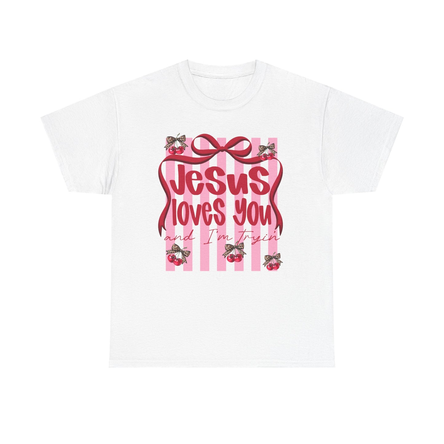 Jesus Loves You T-Shirt — Pink Stripes, Ribbon & Floral Christian Tee