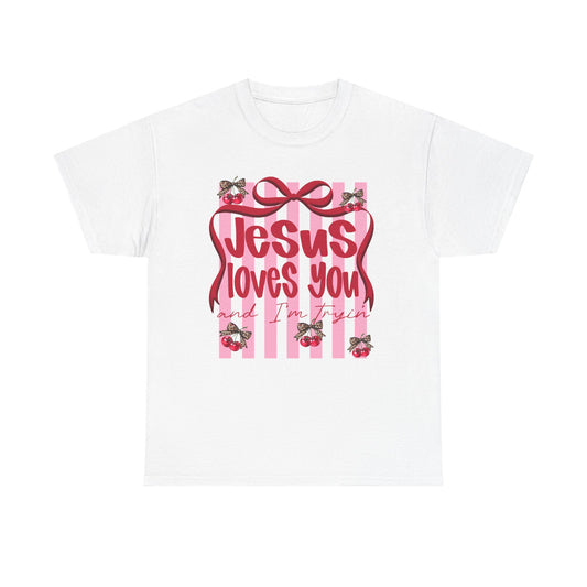 Jesus Loves You T-Shirt — Pink Stripes, Ribbon & Floral Christian Tee