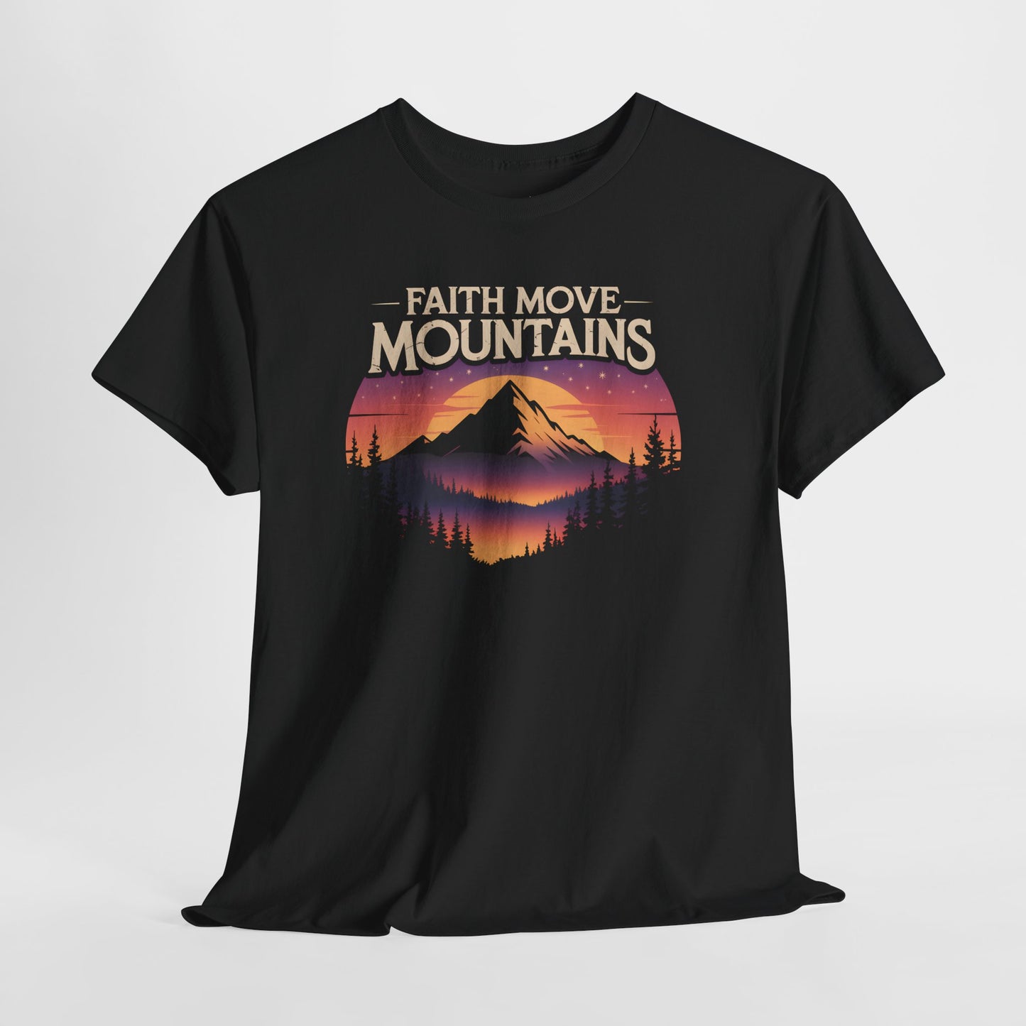 Faith Moves Mountains Tee — Vintage Mountain Sunset Christian T-Shirt