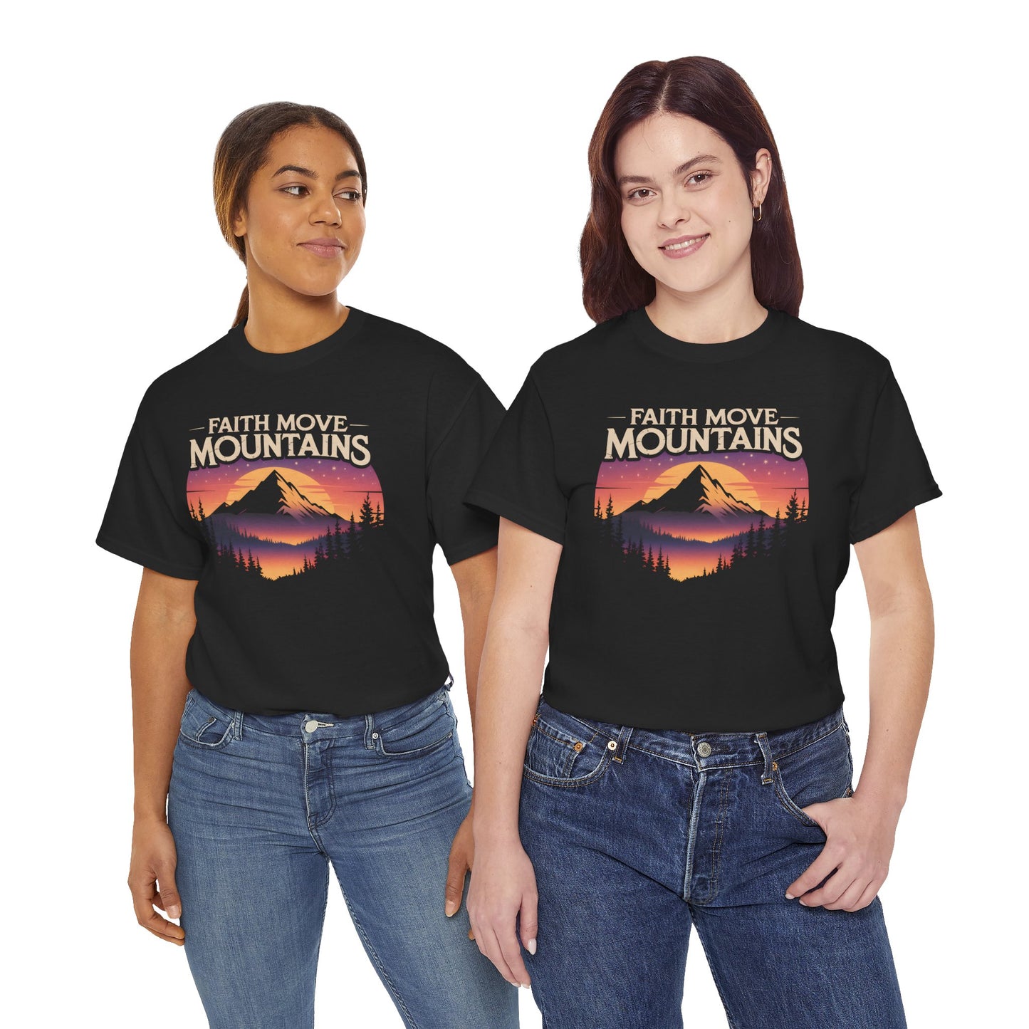 Faith Moves Mountains Tee — Vintage Mountain Sunset Christian T-Shirt