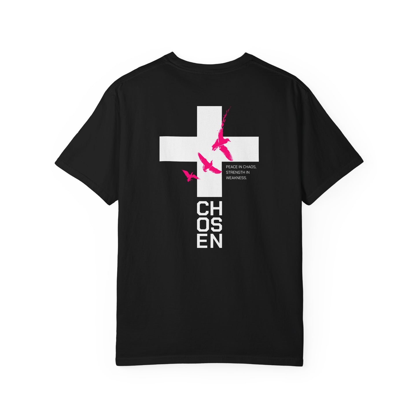 White T-Shirt with Pink Flying Birds Back Print – Minimalist Nature Tee