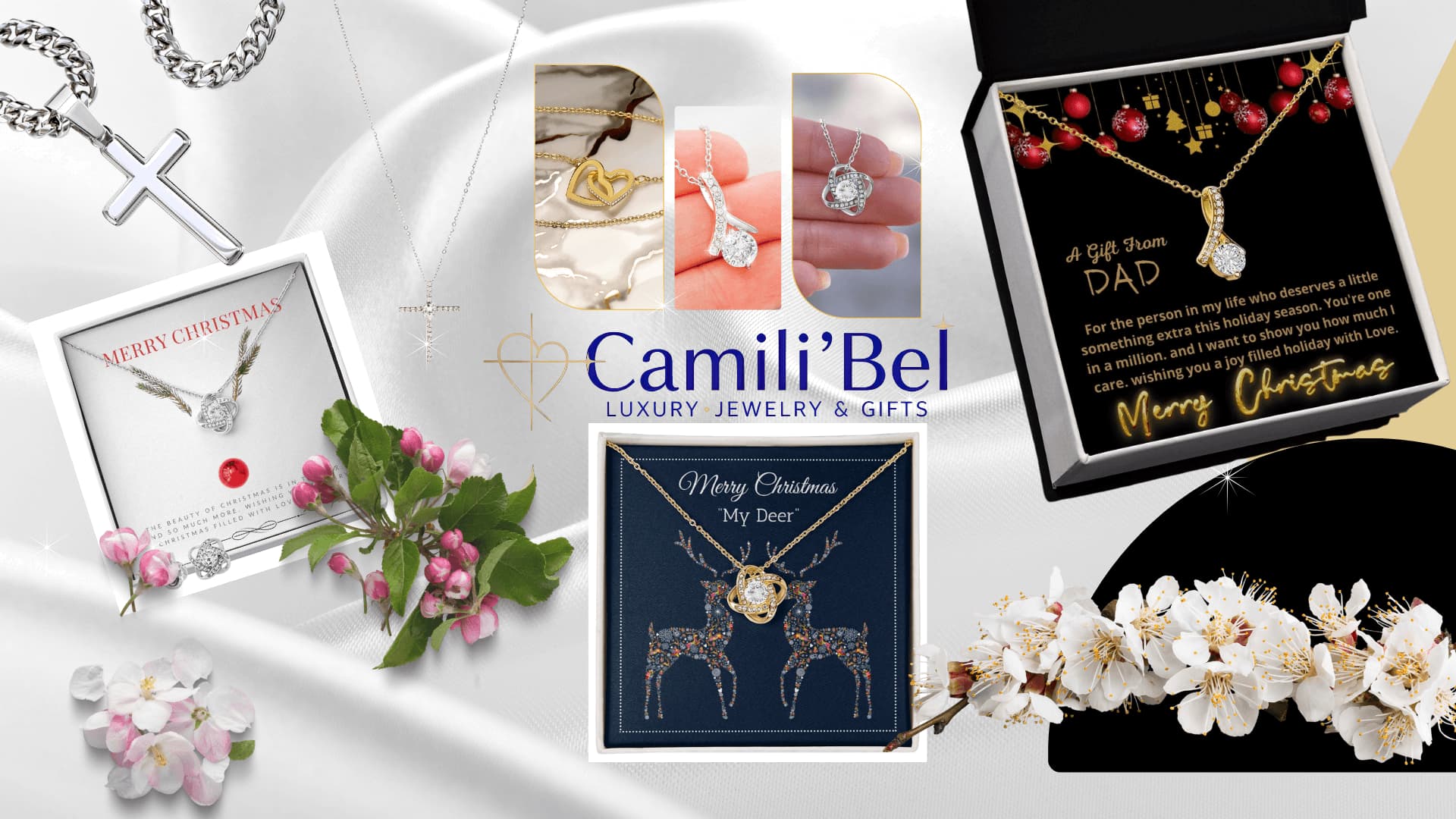 Camili Bel jewelry and gift packaging on a white background with floral decorations.