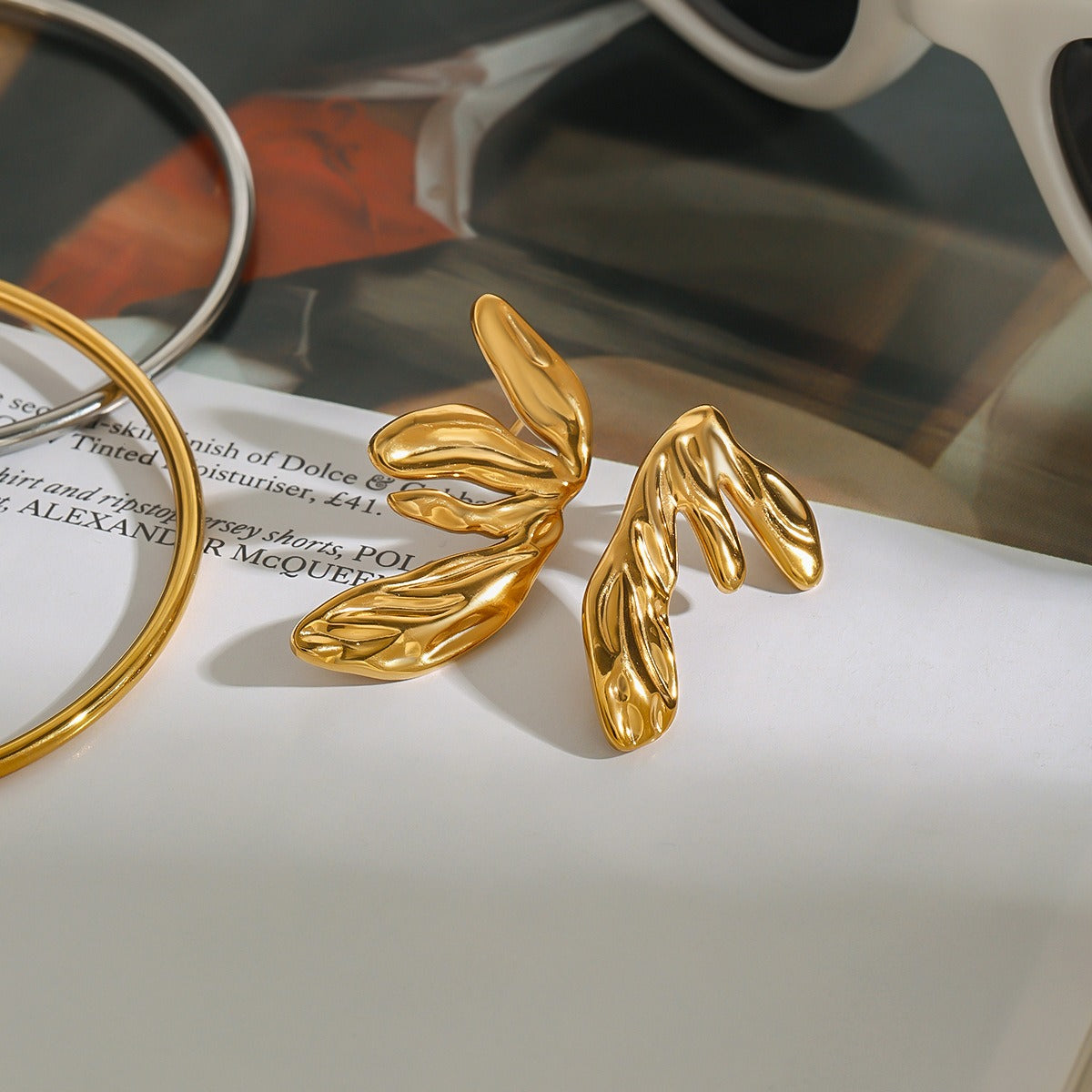 18K gold wing earrings side view - unique geometric shape