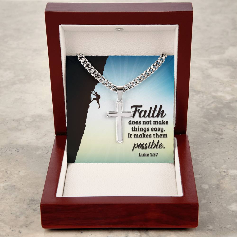 Artisan Cross Pendant Cuban Link Chain Necklace - Faith Makes Things Possible - Luke 1:37 - Camili Bel Creations Gift Shop