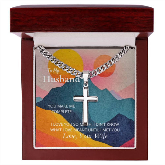 Artisan Cross Necklace on Cuban Chain in luxury mahogany-style LED box, perfect religious anniversary gift for husband from wife.