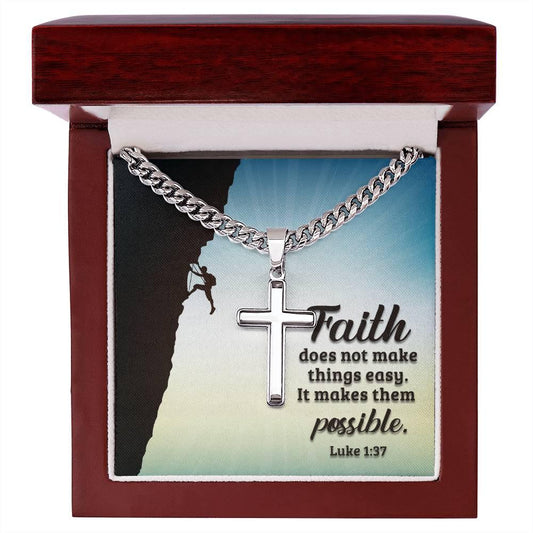 Luke 1:37 cross necklace in mahogany LED gift box - front view