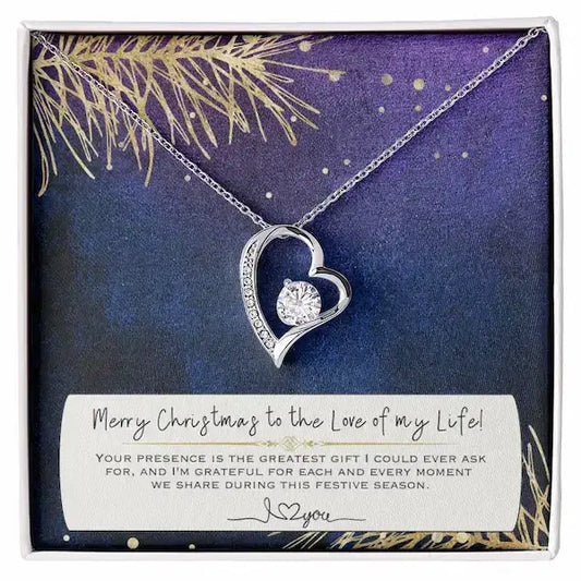 14K gold forever love heart necklace on Christmas card - romantic gift for wife