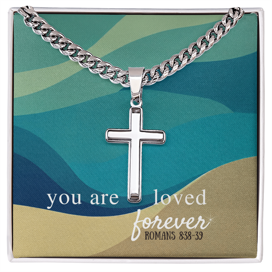 Artisan cross necklace with Cuban link chain on gift card - faith jewelry for men