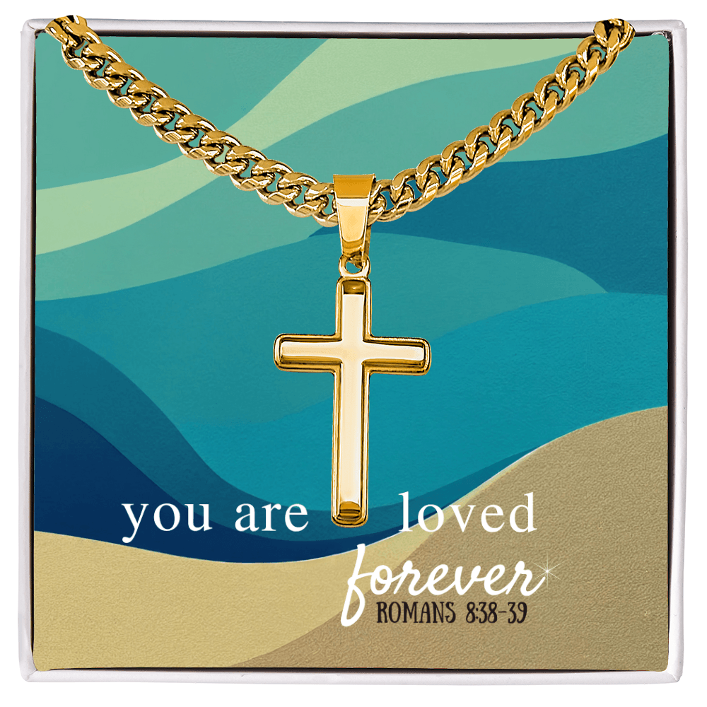 Artisan cross necklace with Cuban link chain in 18K gold finish, displayed on a gift card with Romans 8:38-39 message. Faith jewelry for men.