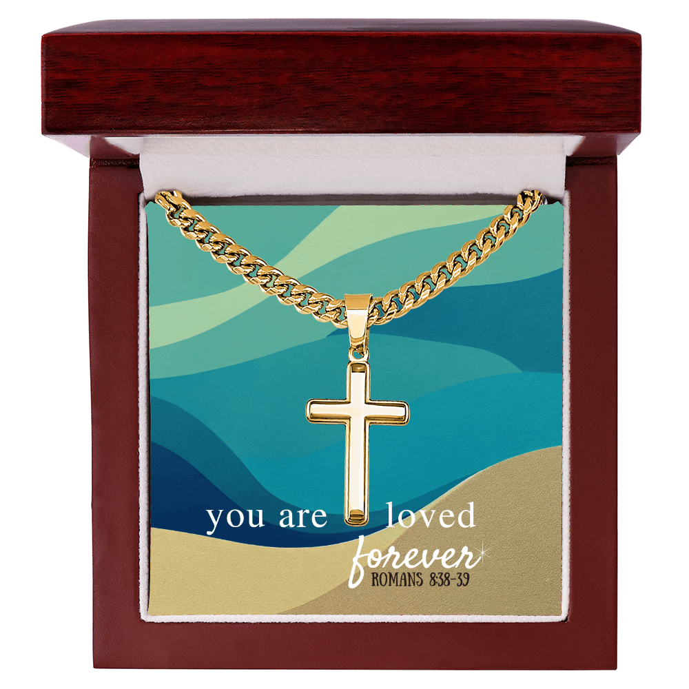 Artisan cross necklace presentation in luxury mahogany box - religious gift
