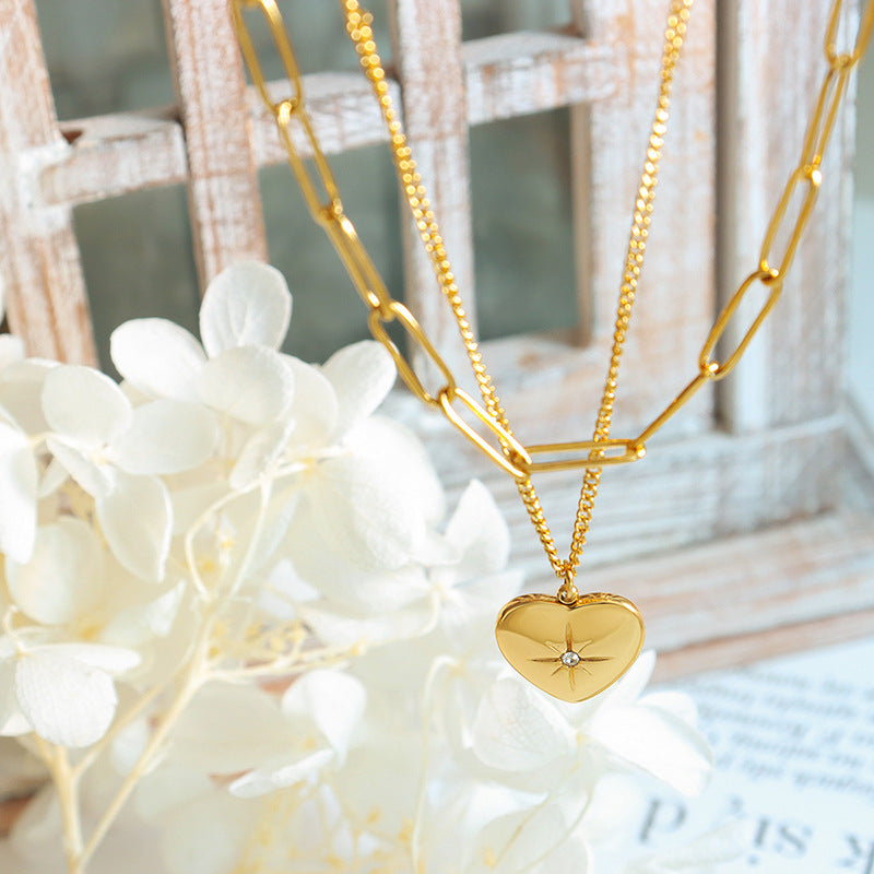 18K Gold Exquisite Dazzling Double-Layered Love Heart & Star Pendant Necklace - Camili Bel Creations Gift Shop