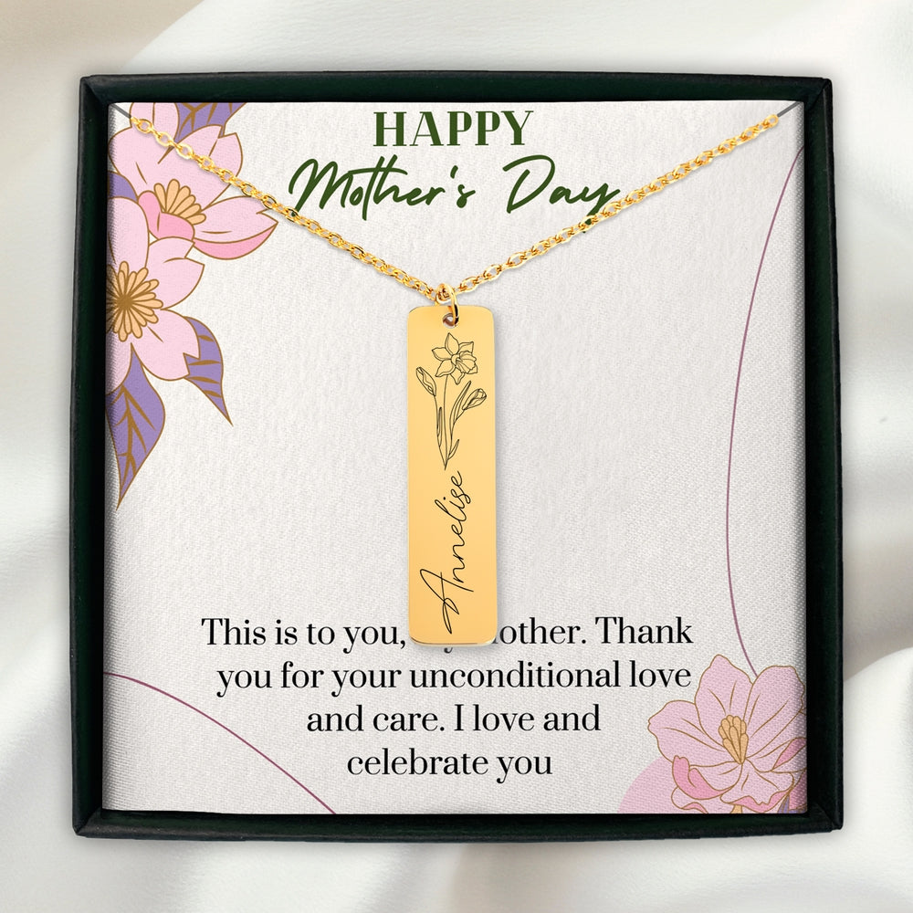 Happy Mother's Day - Birthflower Name Bar Necklace - Gift For Mom - Camili Bel Creations Gift Shop
