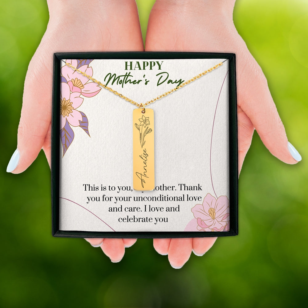Happy Mother's Day - Birthflower Name Bar Necklace - Gift For Mom - Camili Bel Creations Gift Shop
