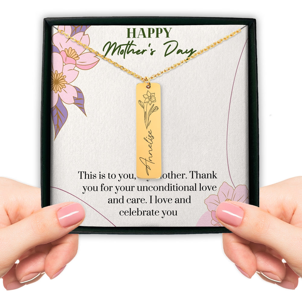 Happy Mother's Day - Birthflower Name Bar Necklace - Gift For Mom - Camili Bel Creations Gift Shop
