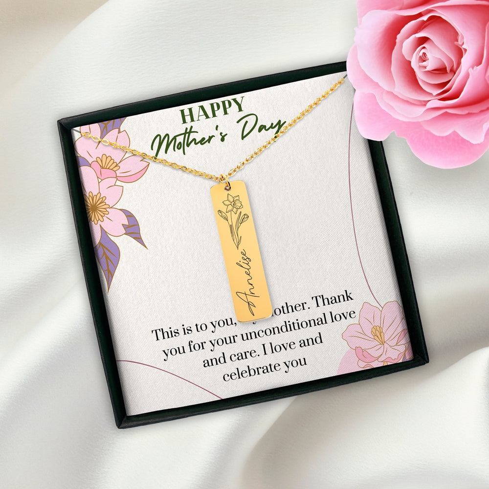 Happy Mother's Day - Birthflower Name Bar Necklace - Gift For Mom - Camili Bel Creations Gift Shop